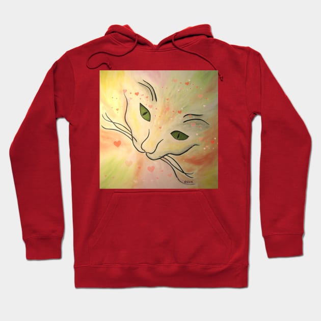 Colorful Abstract Cat Face With Hearts Hoodie by KarenZukArt